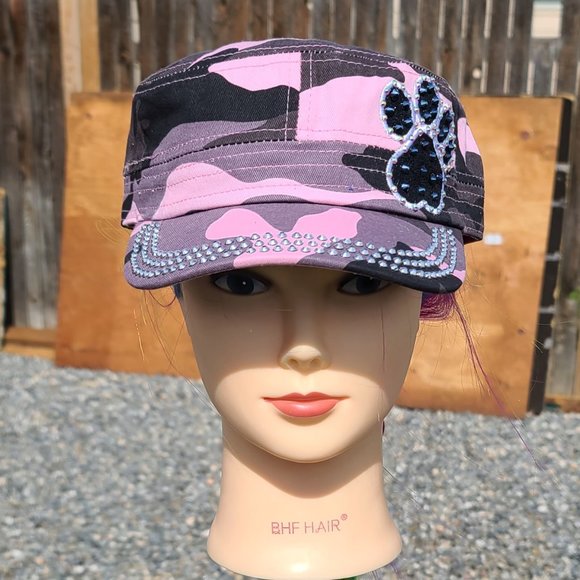 New Ladies Pink Camo & Black Paw BLING Hat - Picture 2 of 4